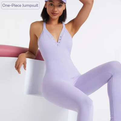 Tuta da yoga per abbigliamento yoga in un pezzo di design con scollo a V profondo ad asciugatura rapida di nuova moda all'ingrosso